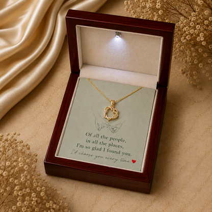 Gold-tone heart pendant necklace with romantic message card