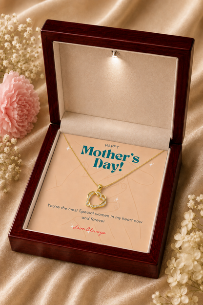Gold-tone heart pendant necklace presented with Mother’s Day card