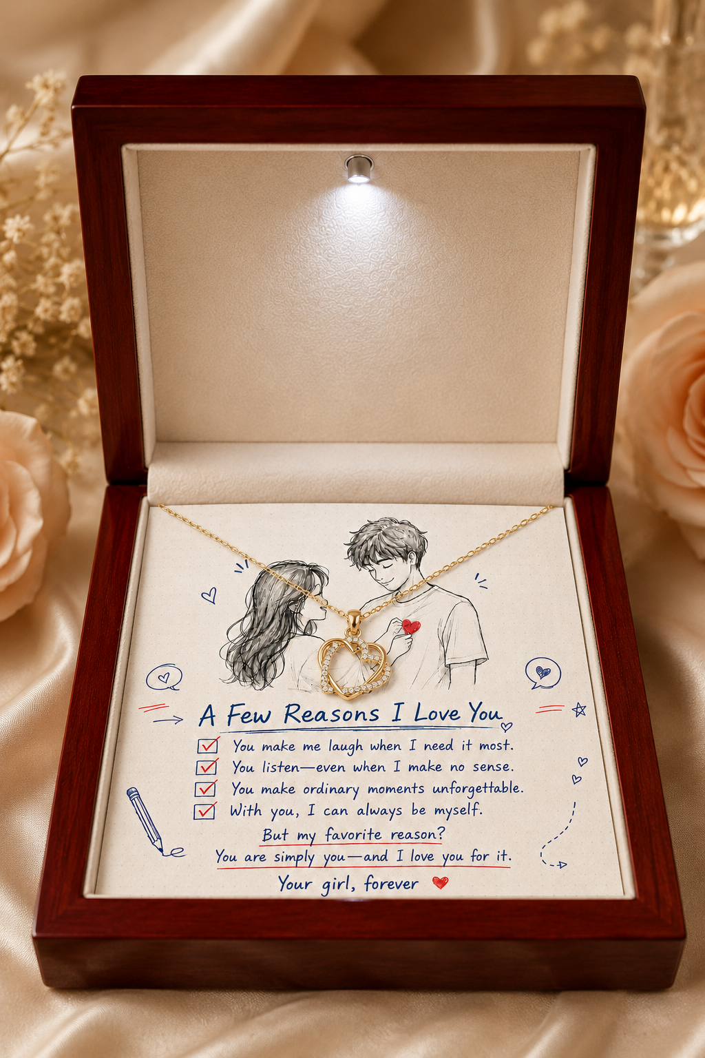 Gold-tone heart pendant displayed inside premium gift presentation box