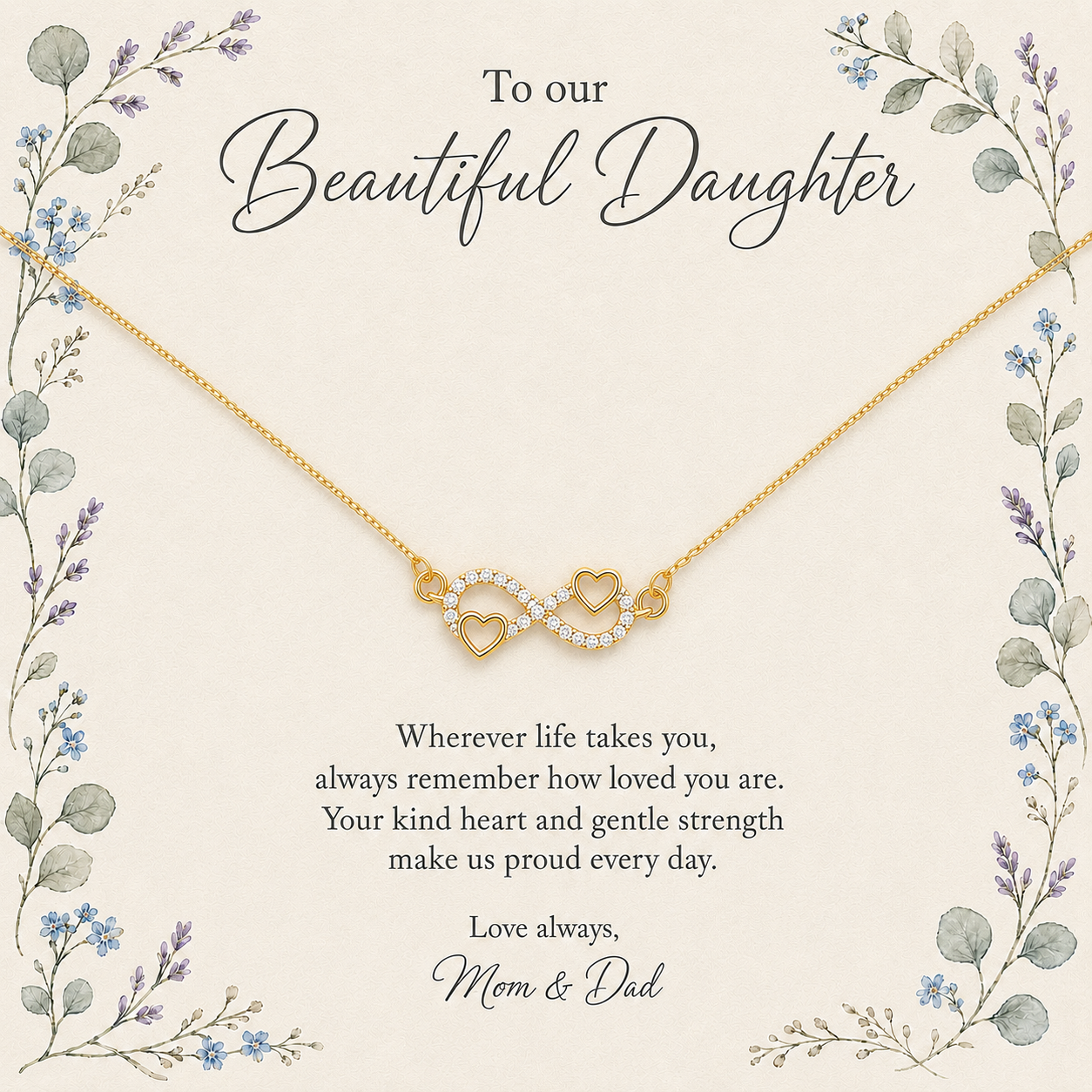 Gold-tone infinity heart necklace gift for daughter with floral message card