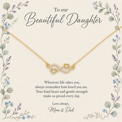 Gold-tone infinity heart necklace gift for daughter with floral message card