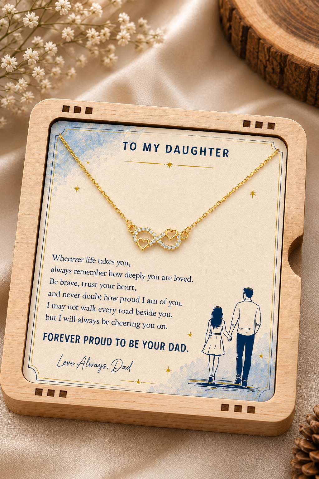 Gold-tone alloy infinity heart necklace with two open-heart details for daughter