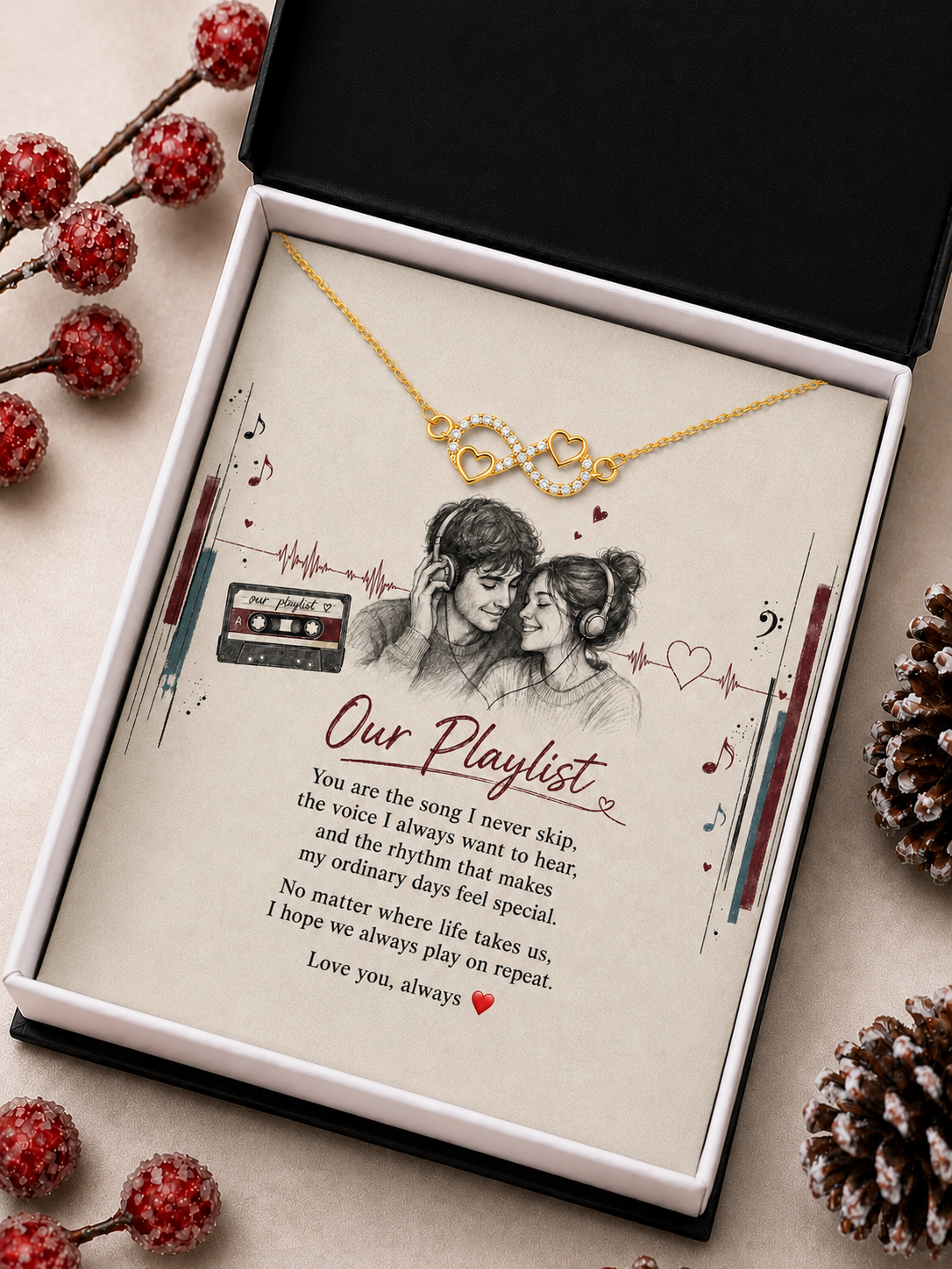 Gold-tone infinity heart necklace displayed in wooden box with romantic message