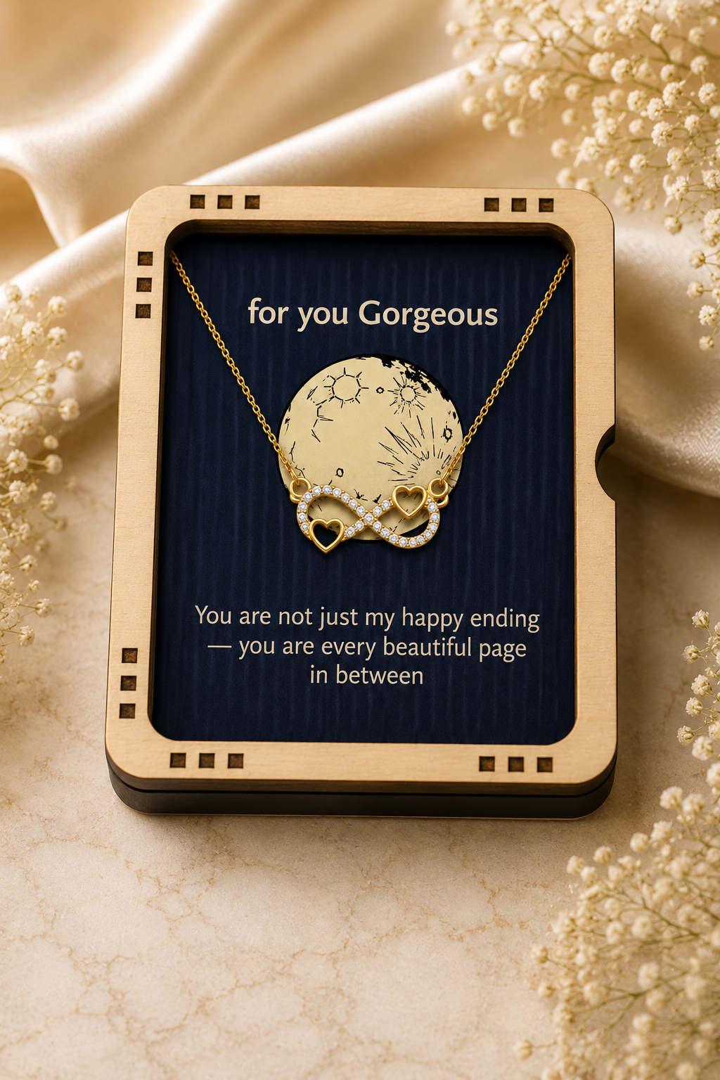 Gold-tone infinity necklace with celestial disc and heart-shaped pendant accents