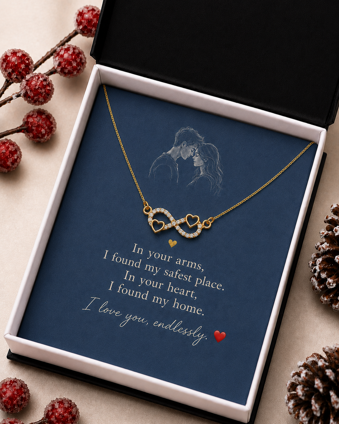Gold-tone infinity necklace displayed on navy-blue message card