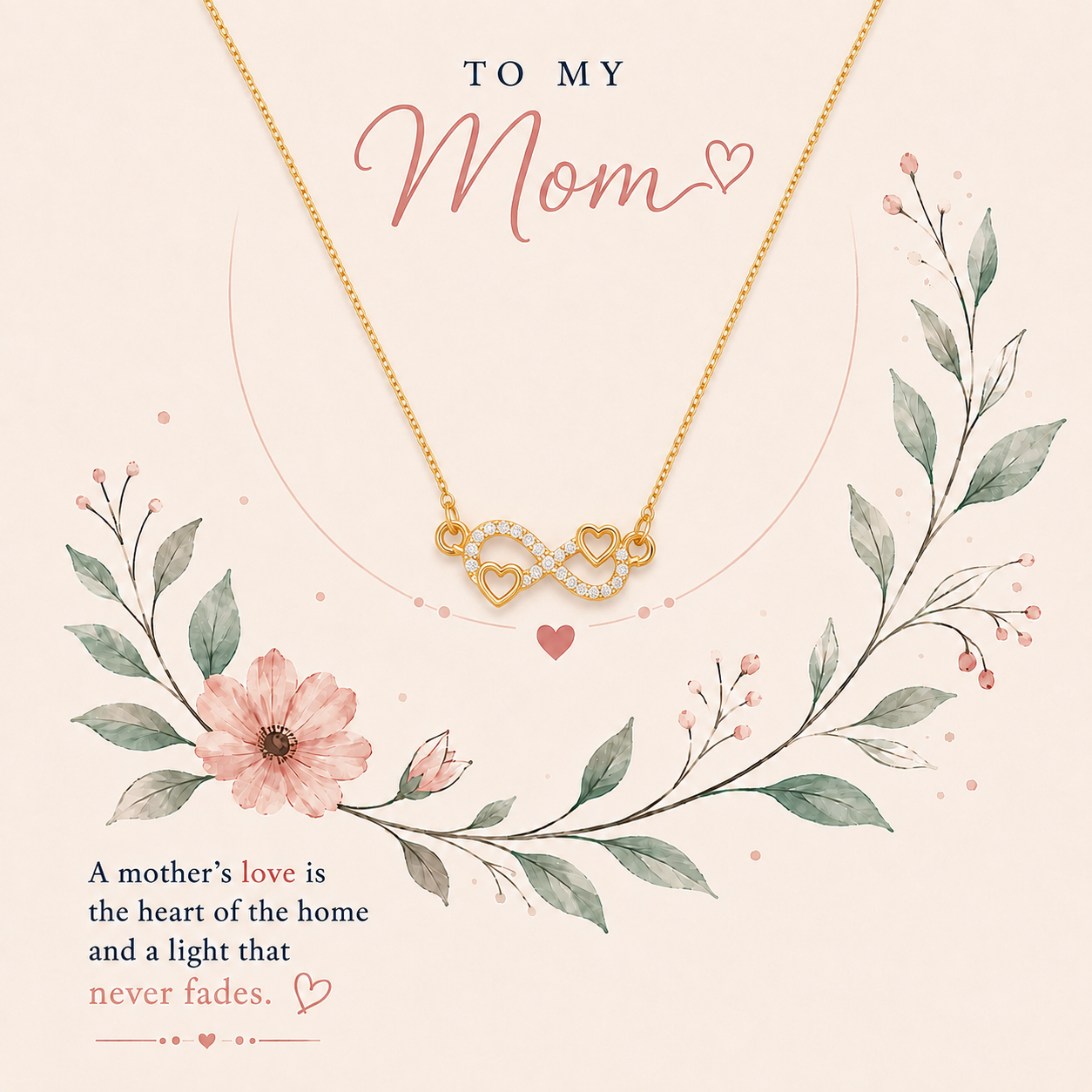 Gold-tone infinity necklace with two hearts and clear stone accents for Mom