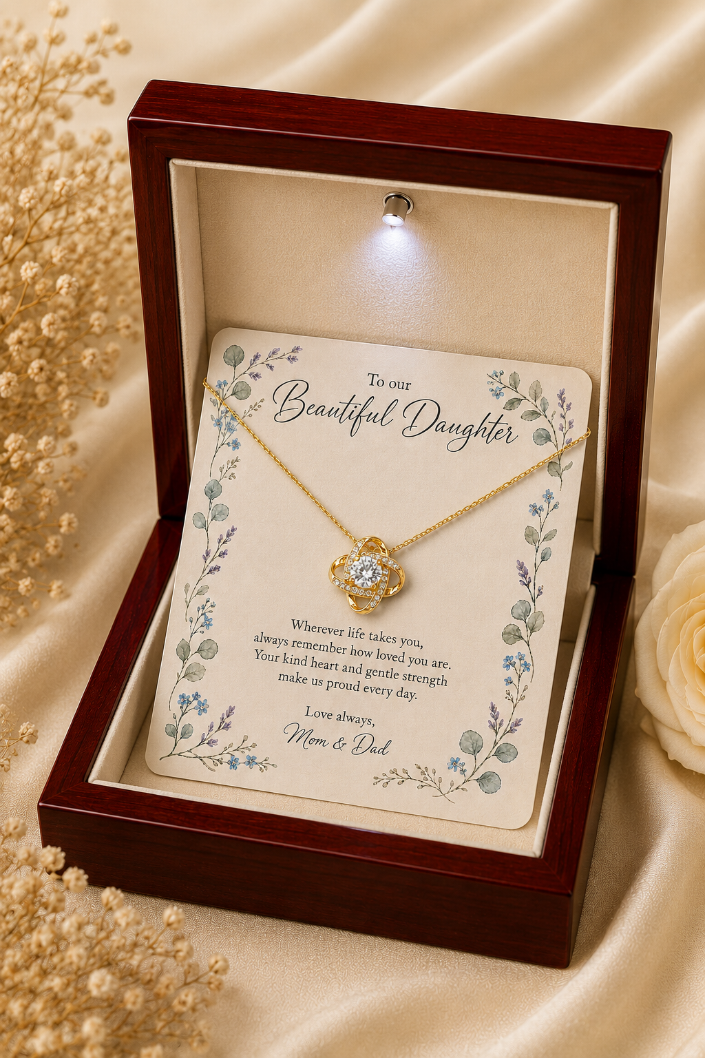 Gold-tone intertwined pendant necklace with floral daughter message card