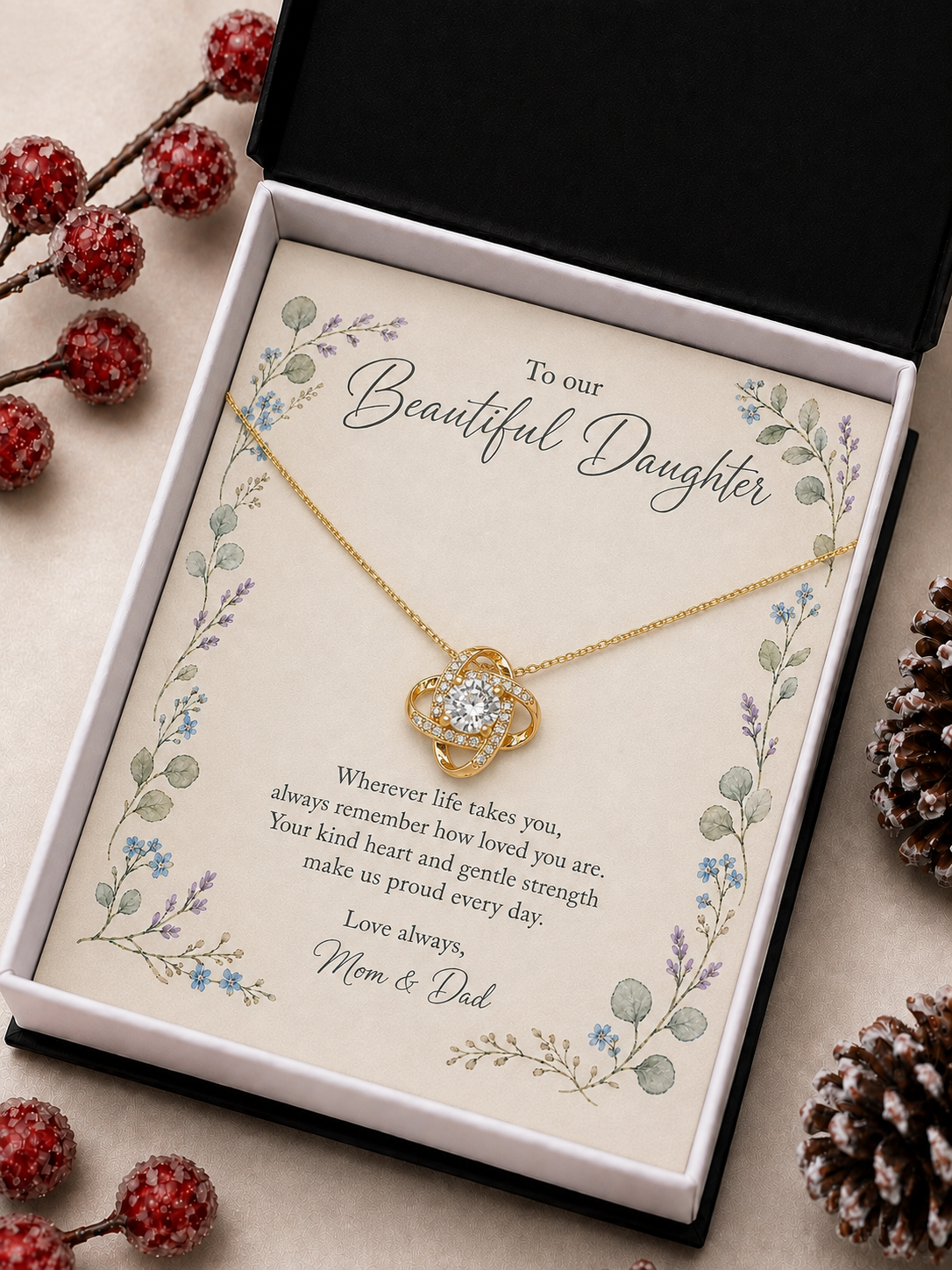 Gold-tone knot pendant necklace presented on Beautiful Daughter message card