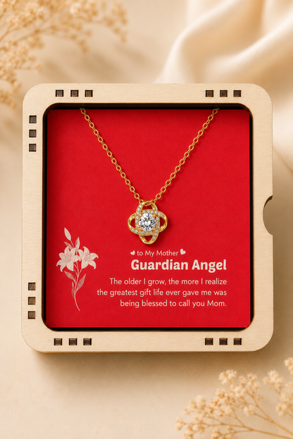 Gold-tone Guardian Angel necklace for Mom in LED wooden jewelry box