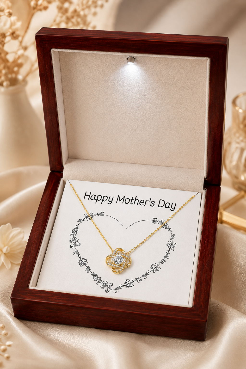 Gold-tone Mother necklace presented inside black and white gift box