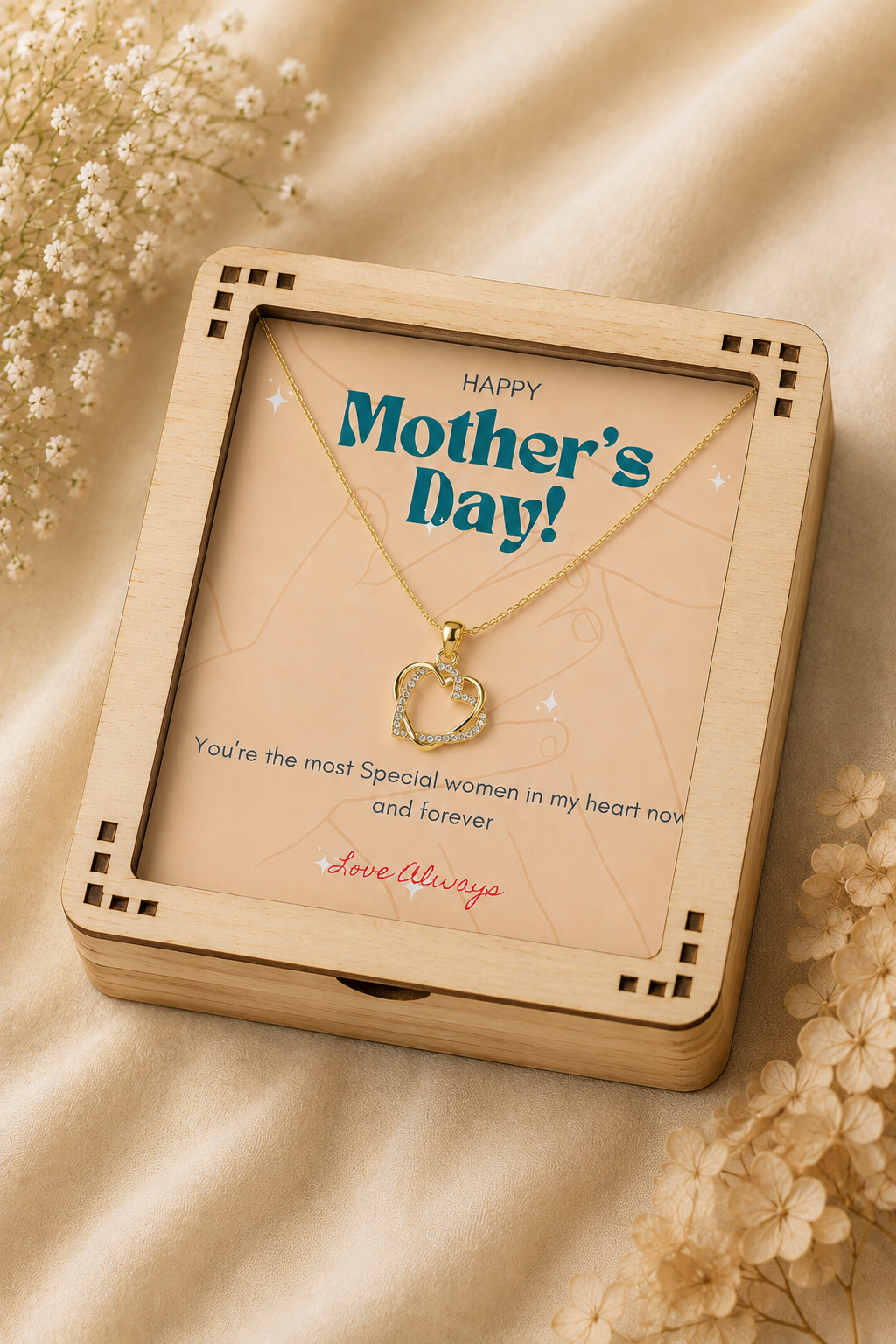 Gold-tone mother necklace displayed in wooden presentation box