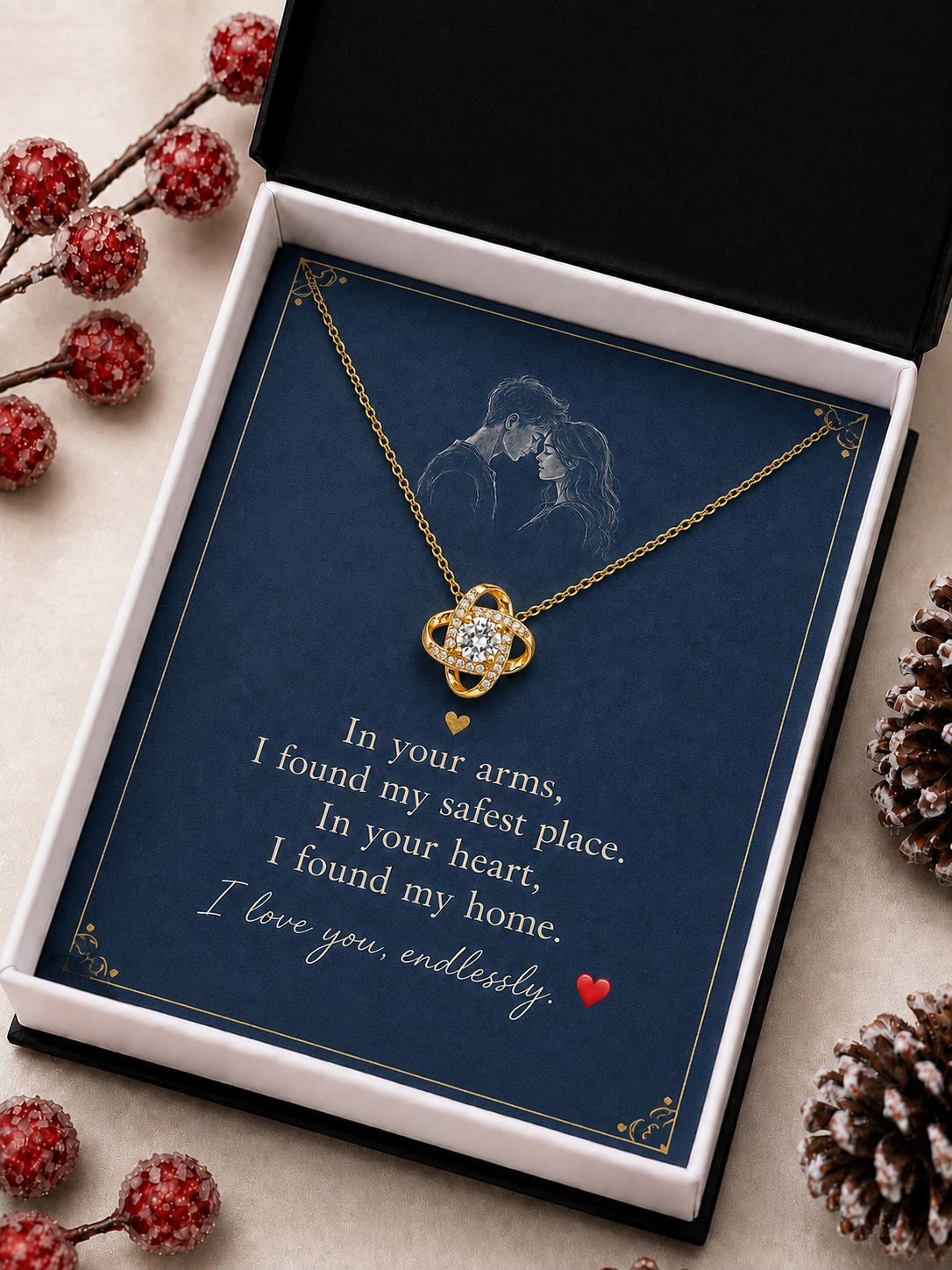 Gold-tone necklace gift with love message card and wooden box