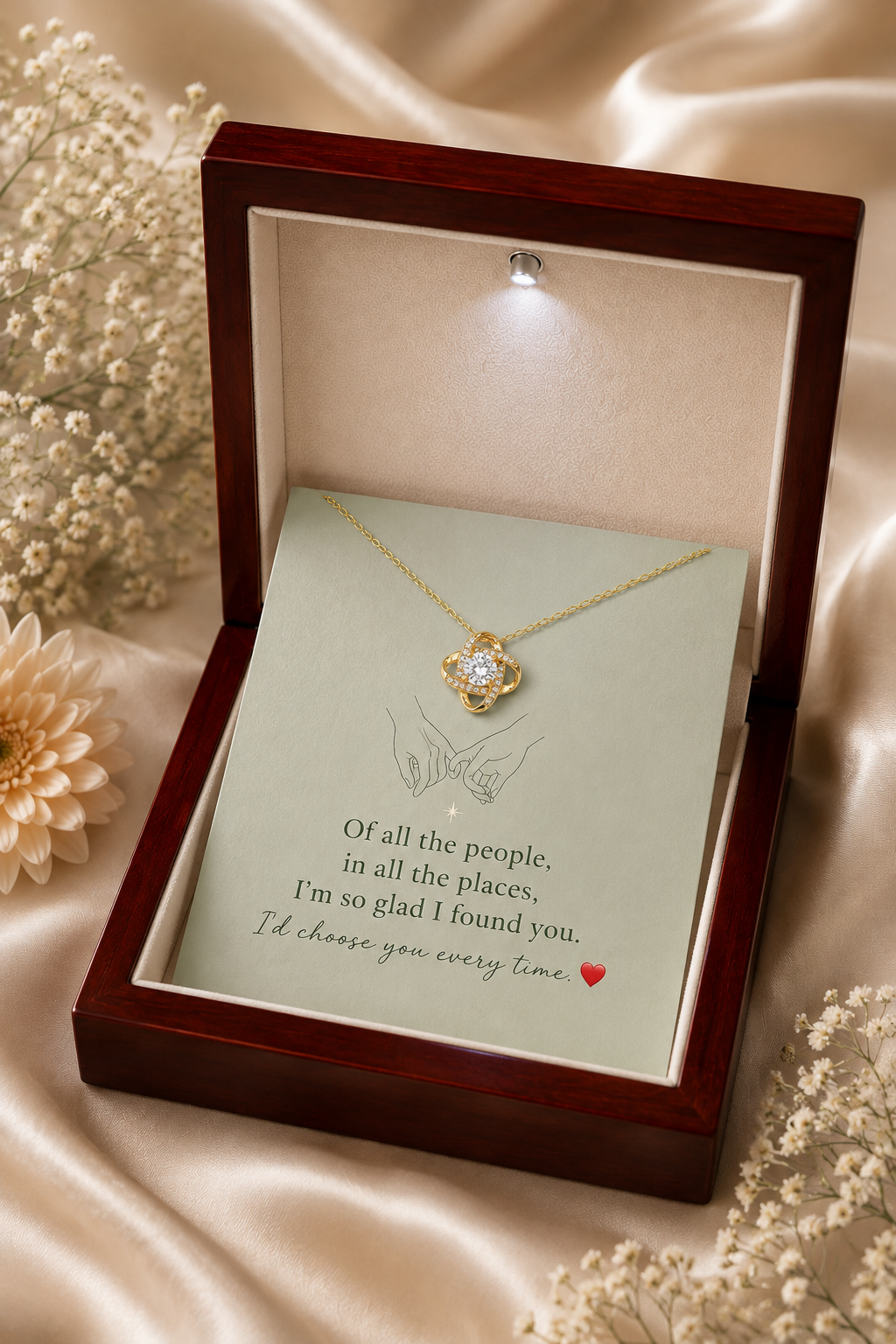 Gold-tone pendant necklace displayed on message card inside a wooden LED jewelry gift box