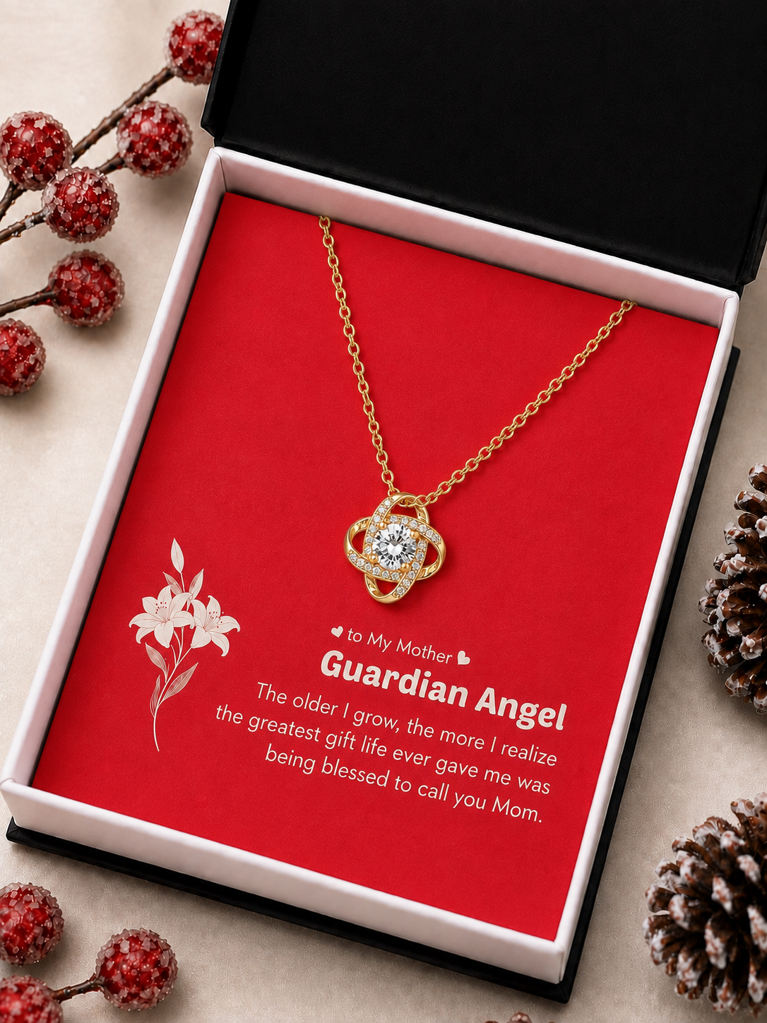 Gold-tone interwoven pendant necklace gift for Mom with Guardian Angel message card