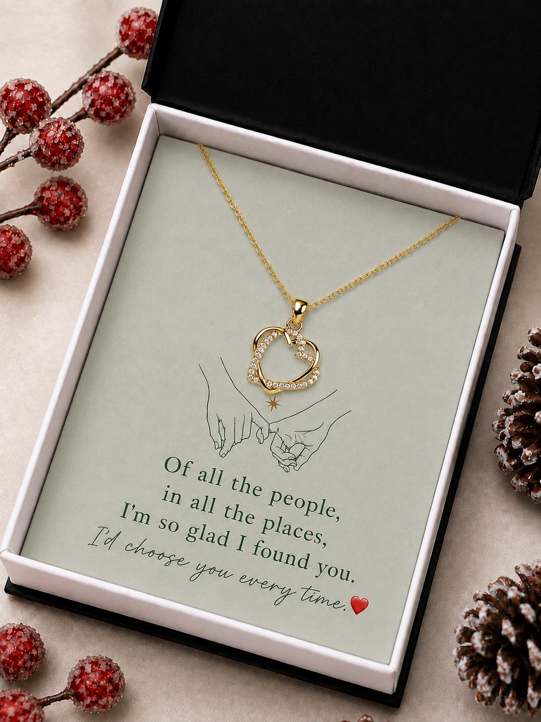 Gold-tone heart pendant with romantic relationship gift card