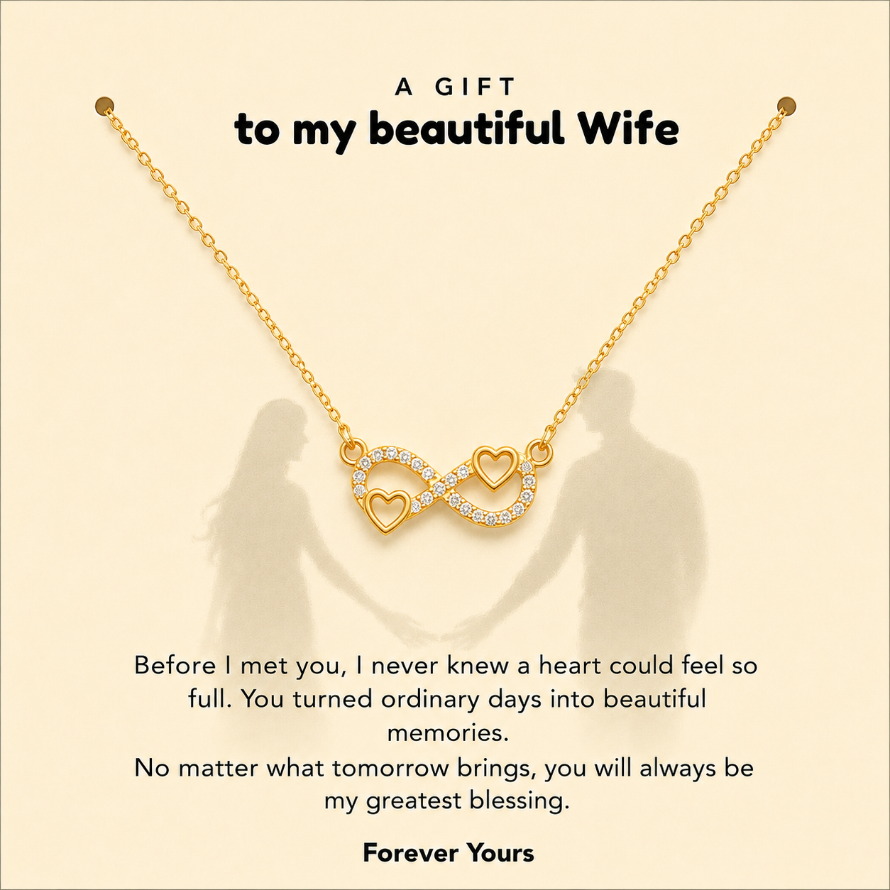 Gold-tone wife necklace featuring intertwined infinity and heart design