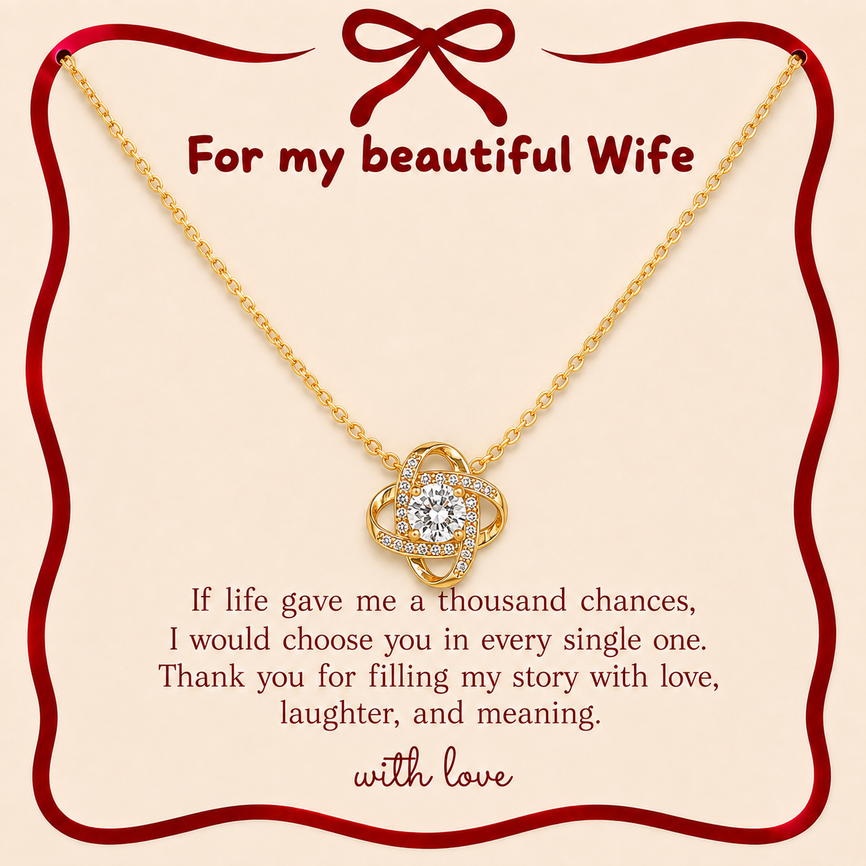 Gold-tone wife necklace with interlocking-loop pendant and clear stone