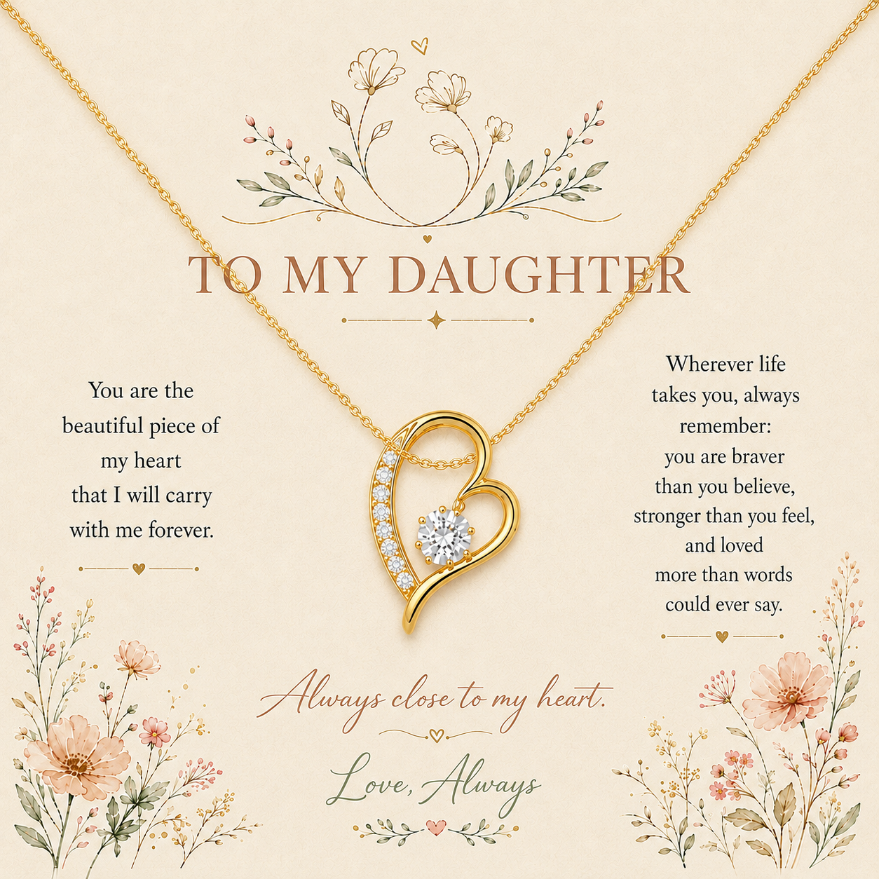 A gold heart-shaped pendant necklace with a clear central gemstone is displayed on a cream-colored card with floral illustrations and sentimental text addressed to a daughter.