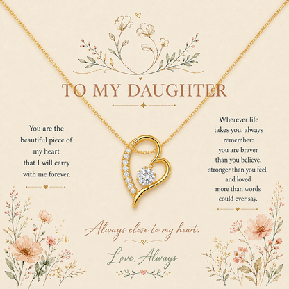 A gold heart-shaped pendant necklace with a clear central gemstone is displayed on a cream-colored card with floral illustrations and sentimental text addressed to a daughter.