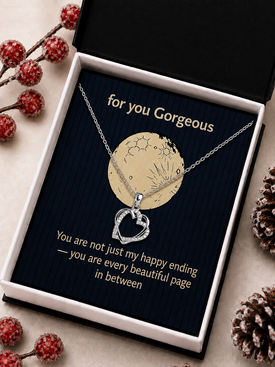 Romantic heart pendant necklace gift with “for you Gorgeous” message displayed in box
