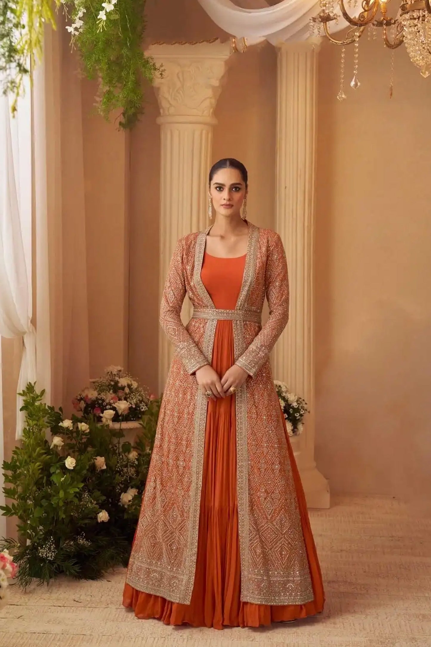 Anarkali gown in orange with embroidery work