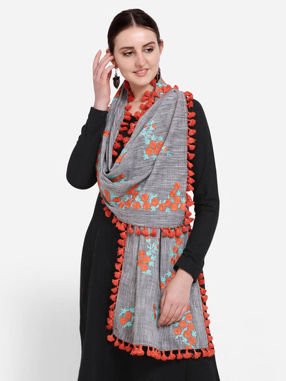 Khadi cotton dupatta in gray with embroidered borders