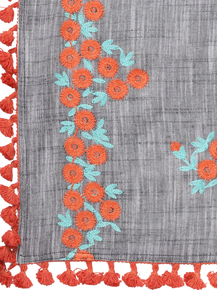Embroidered khadi cotton shawl in soft gray tone