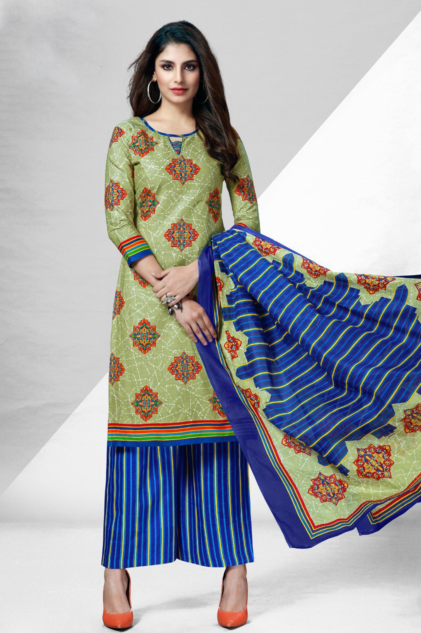 green salwar kameez in cotton bandhani print