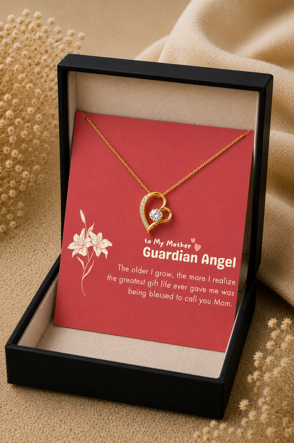 Gold-tone heart necklace with floral message card for Mother