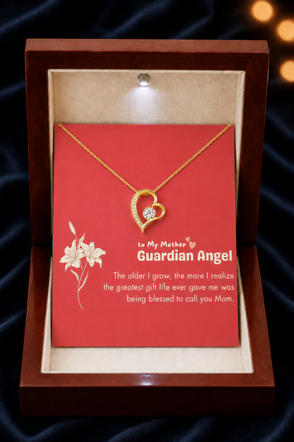 Wooden gift box with heart pendant necklace and Mother message card