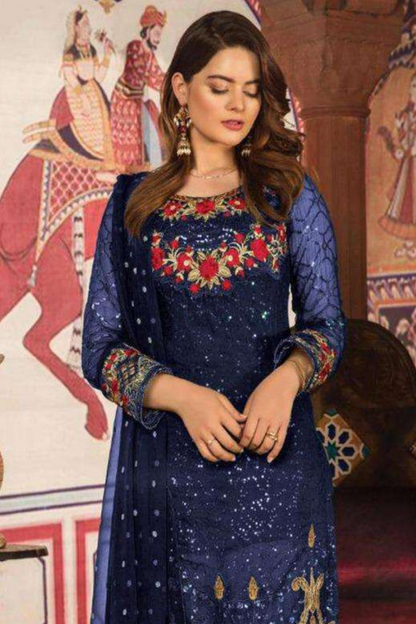 Hand Embroidered Art Silk Pakistani Suit in Navy Blue