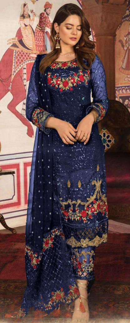 Hand Embroidered Art Silk Pakistani Suit in Navy Blue