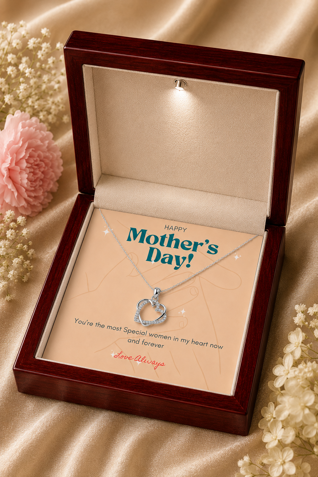 Heart pendant necklace for Mom with now and forever message card