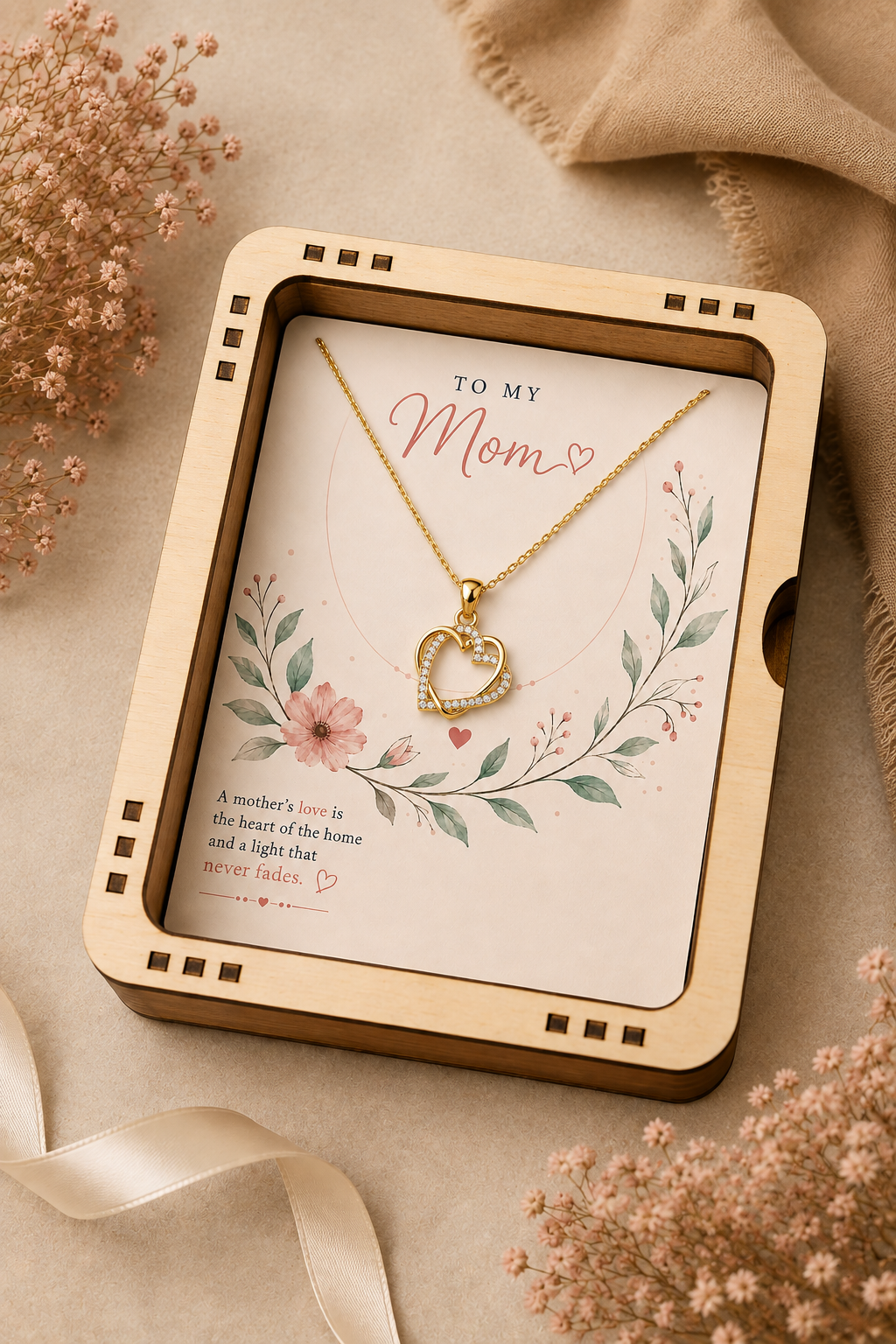 Heart pendant necklace for mother with clear stone accents