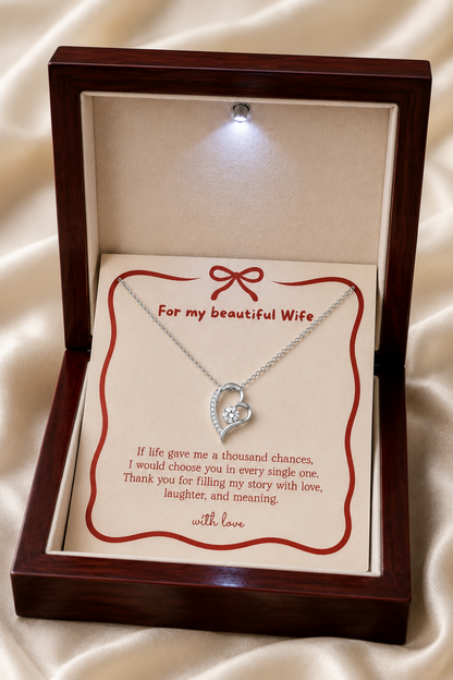 Wife anniversary necklace with open heart pendant and clear stone accent