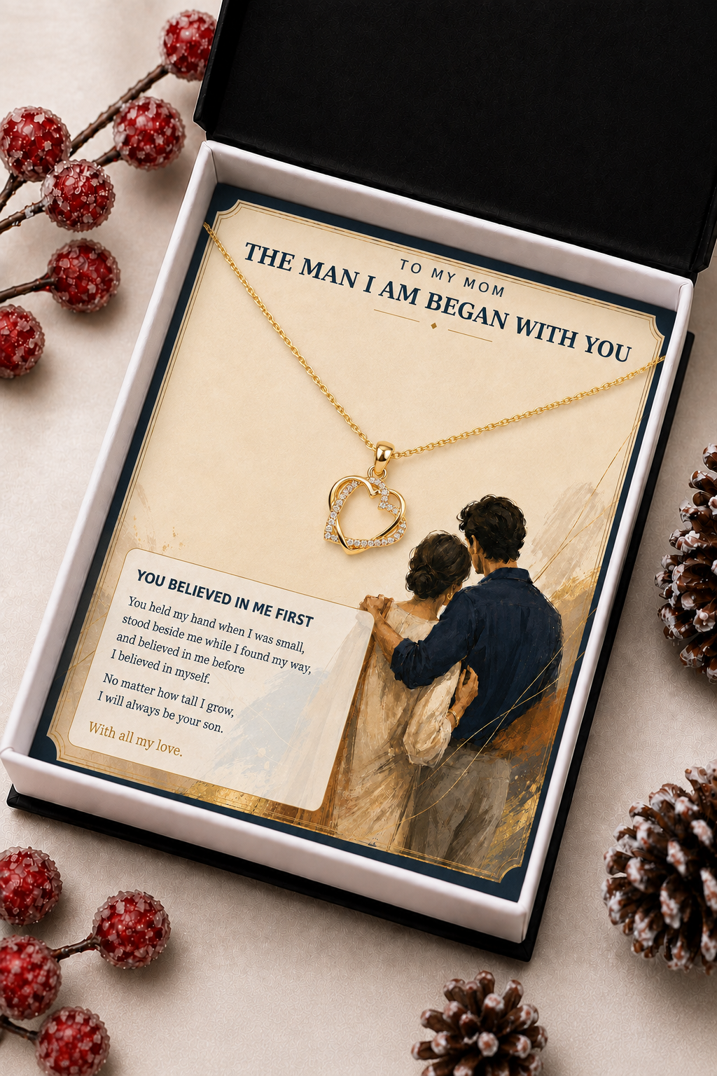 Heart pendant necklace displayed on To My Mom gift card