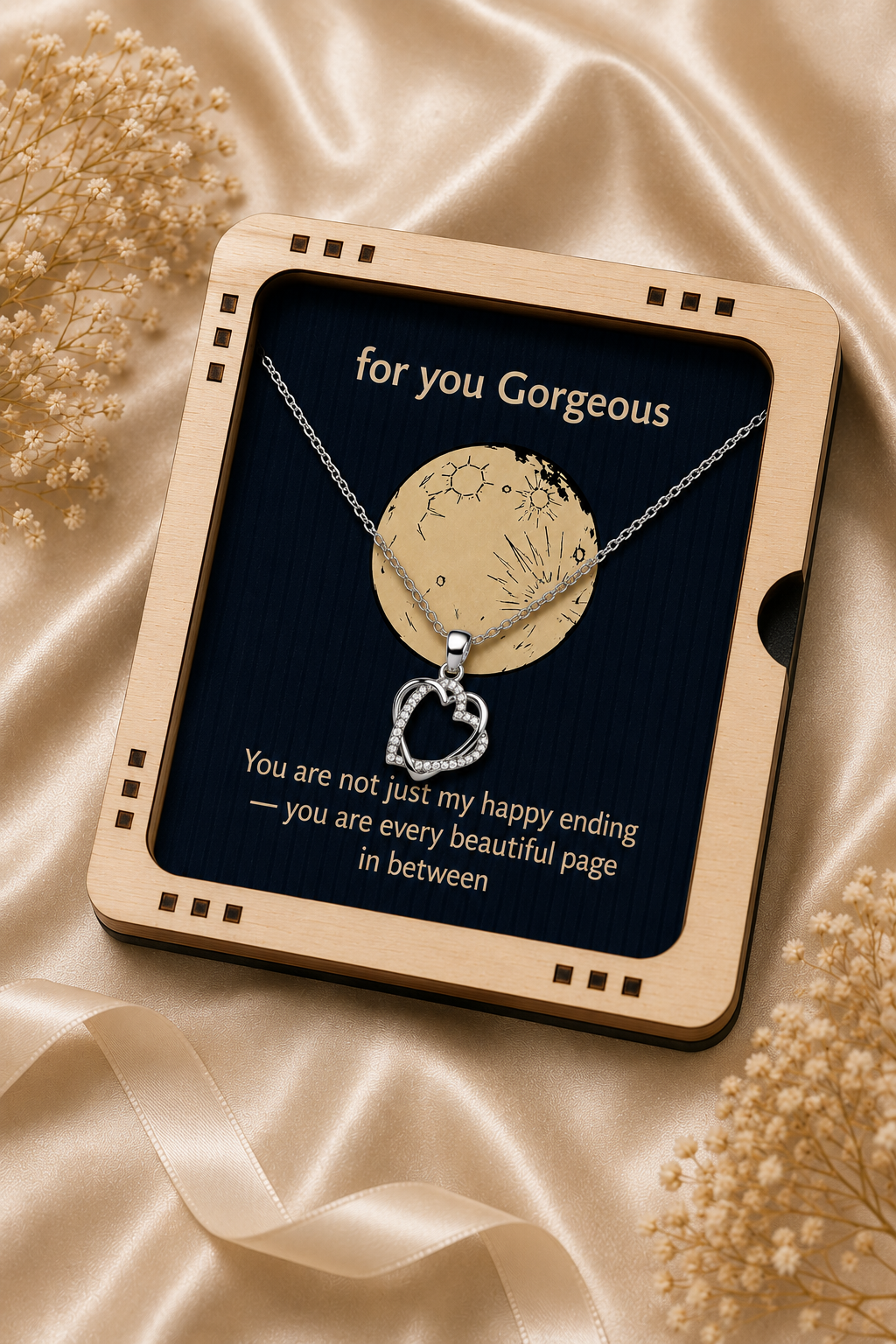 Heart pendant necklace gift presented with the message “You are not just my happy ending”

