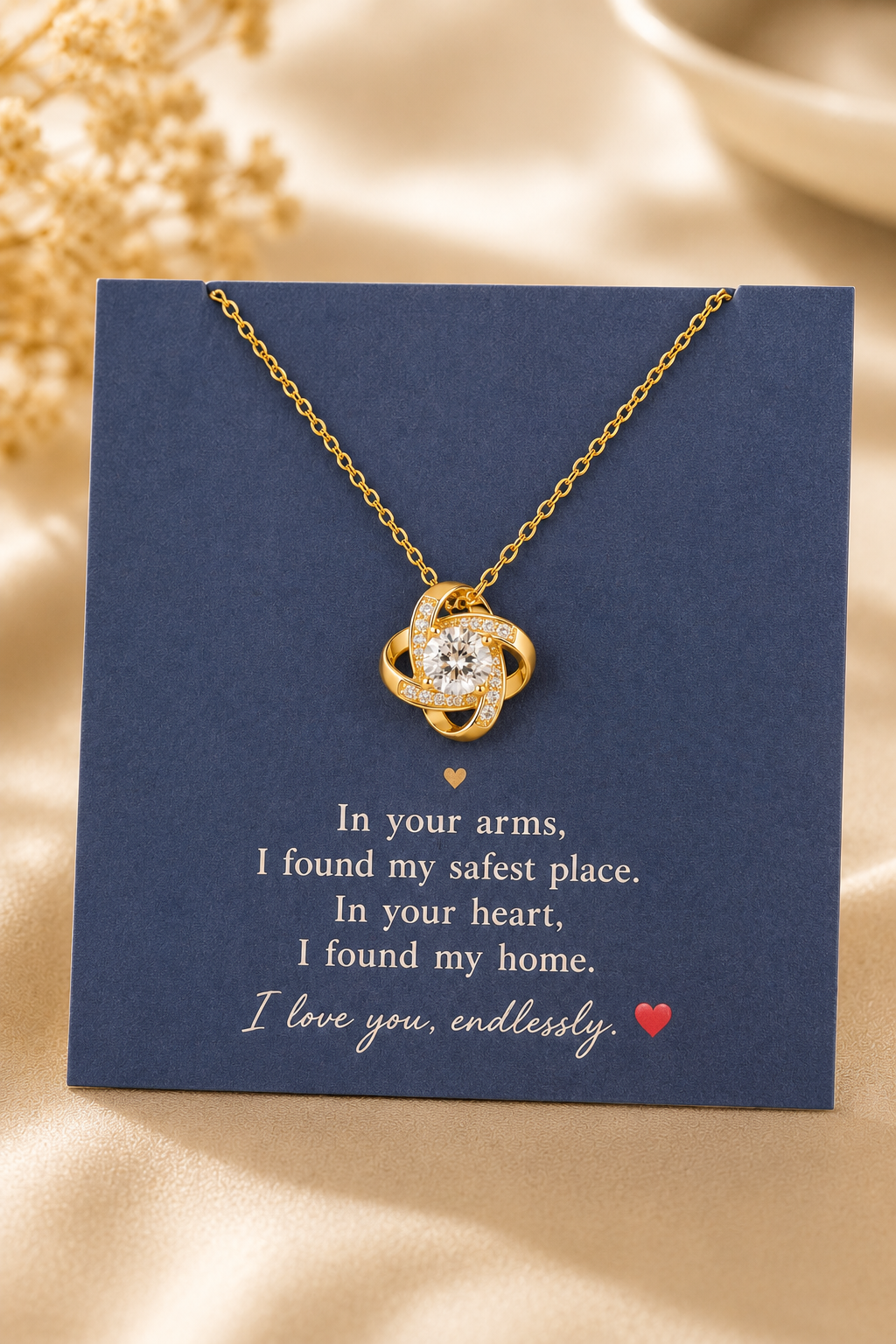 A gold necklace with a clear heart-shaped gemstone pendant, displayed on a navy blue gift card with a sentimental quote. The card is set against a soft beige satin background with dried flowers.