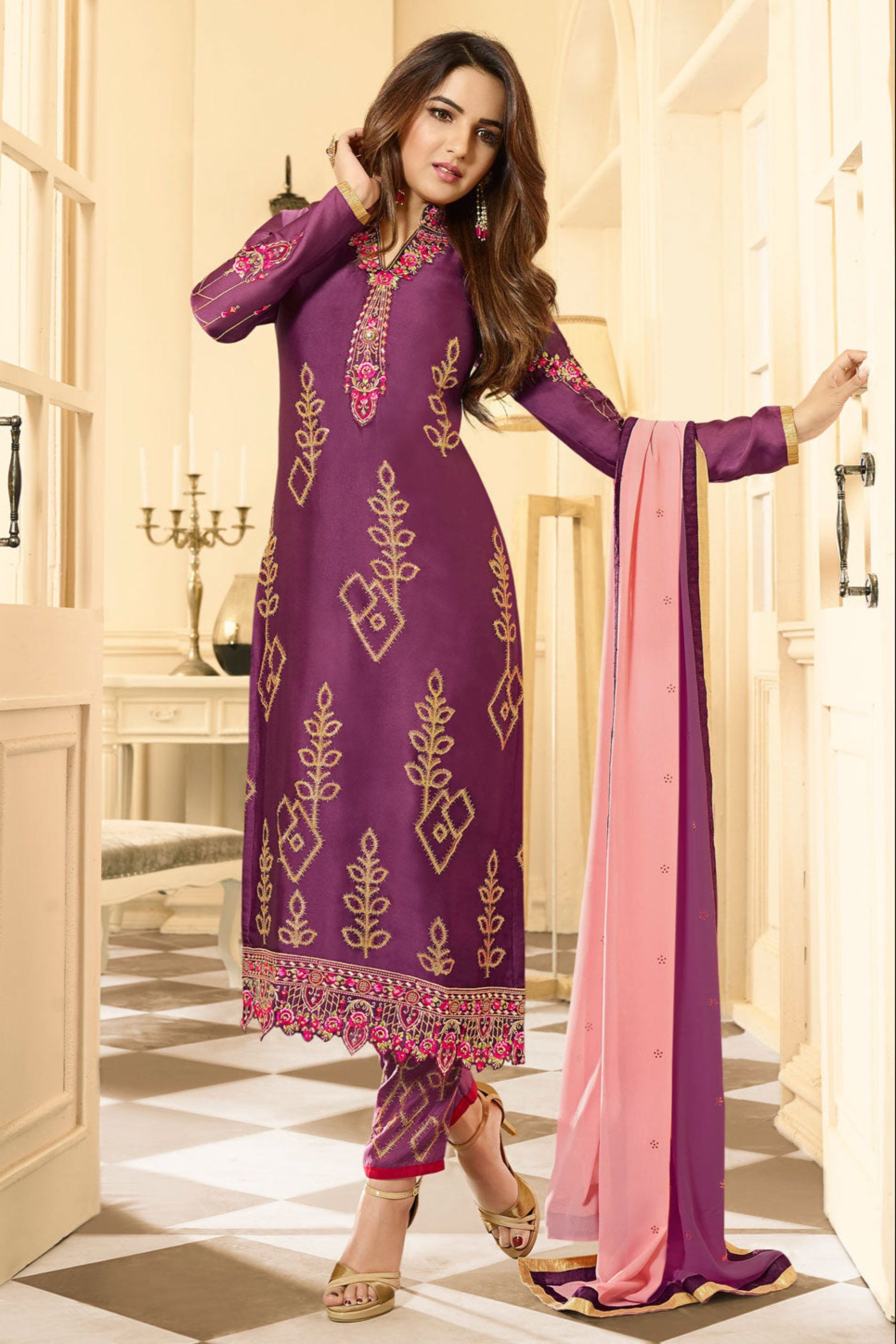 Purple indian kameez full front view on model