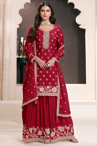 Red Embroidered Designer  Traditional Look Palazzo Suit With Beautiful Dupatta
