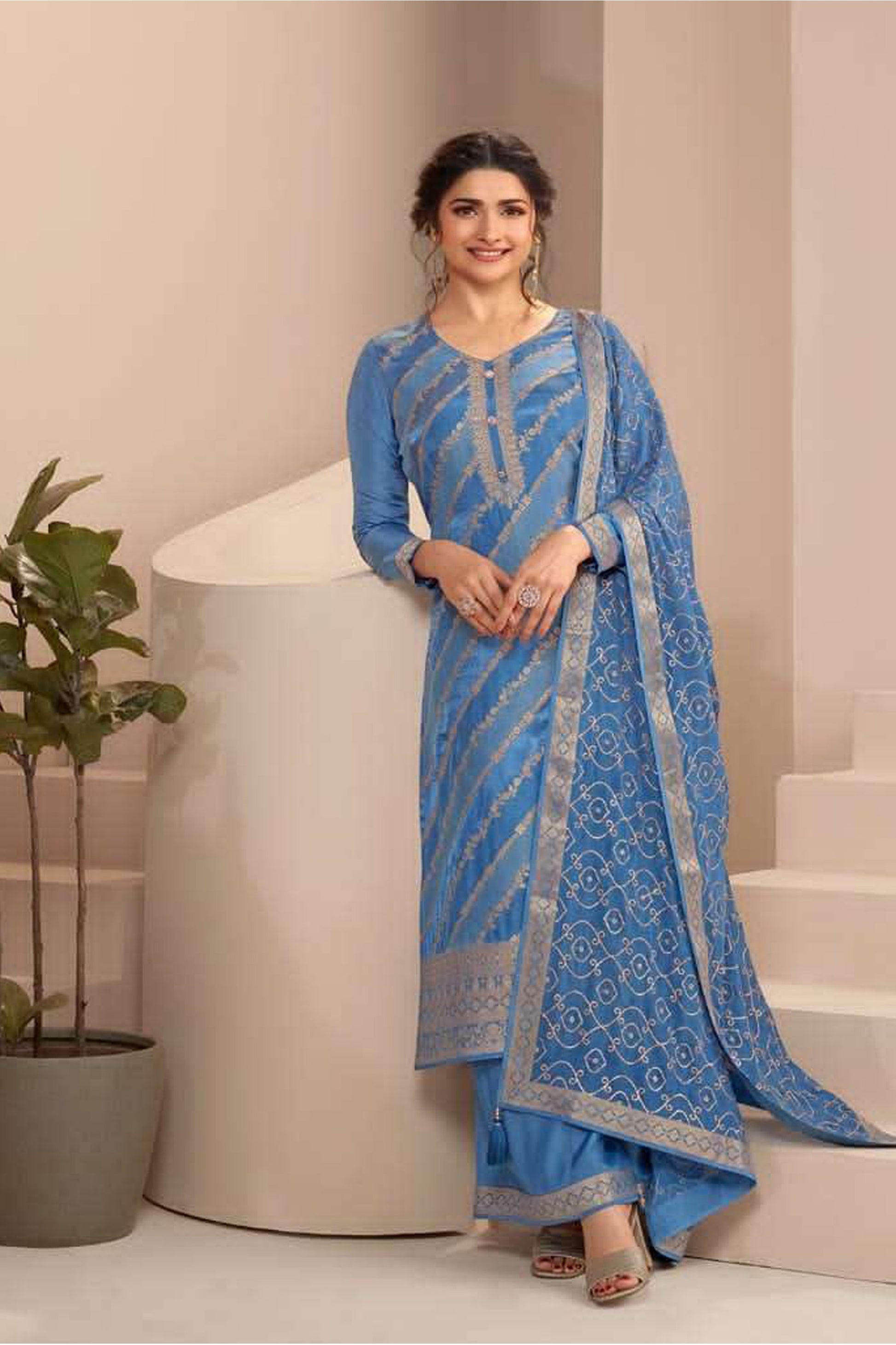 cyan blue salwar kameez front view embroidered jacquard