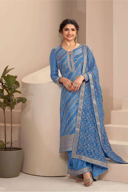 cyan blue salwar kameez front view embroidered jacquard