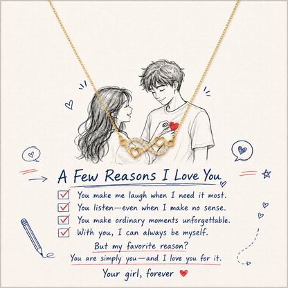 Infinity heart necklace with clear crystal-style accents and romantic boyfriend message card