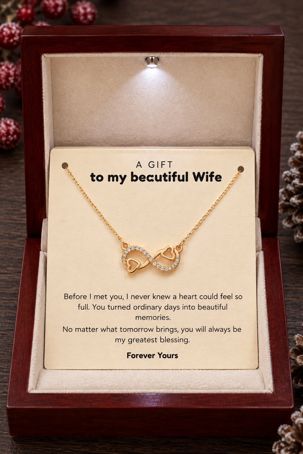 Infinity heart necklace with clear crystal-style accents for wife