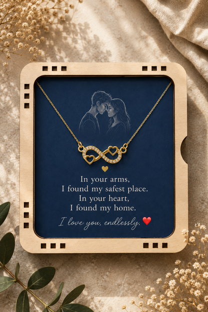 Infinity heart necklace photographed with romantic couple illustration