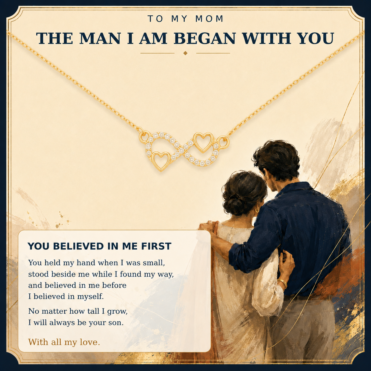 Infinity heart necklace gift for Mom with The Man I Am Began With You card