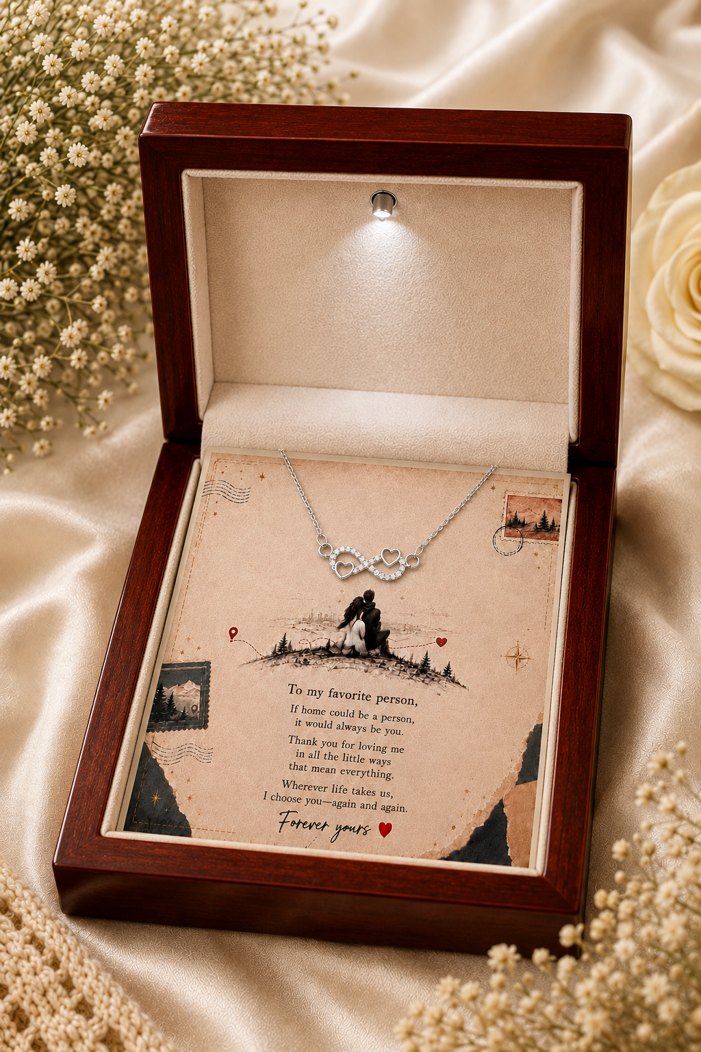 Silver-tone infinity heart necklace and message card presented in wooden box