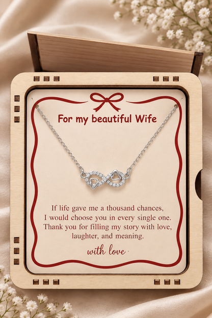 Infinity pendant necklace displayed on romantic wife gift card