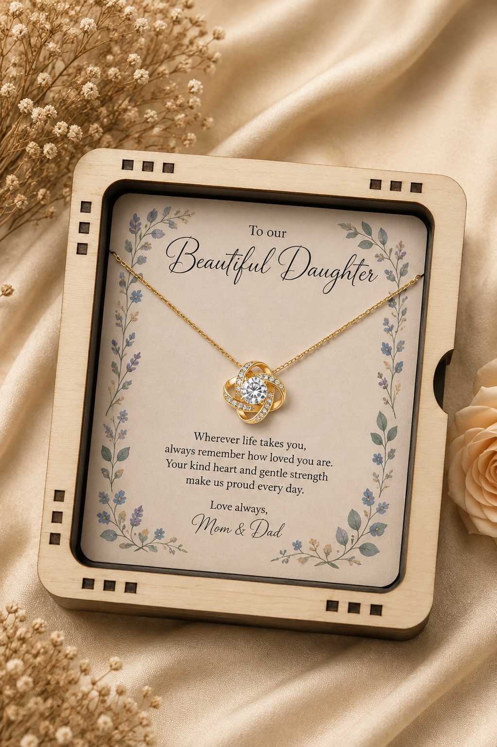 Intertwined knot pendant necklace with clear stone-style accents for daughter