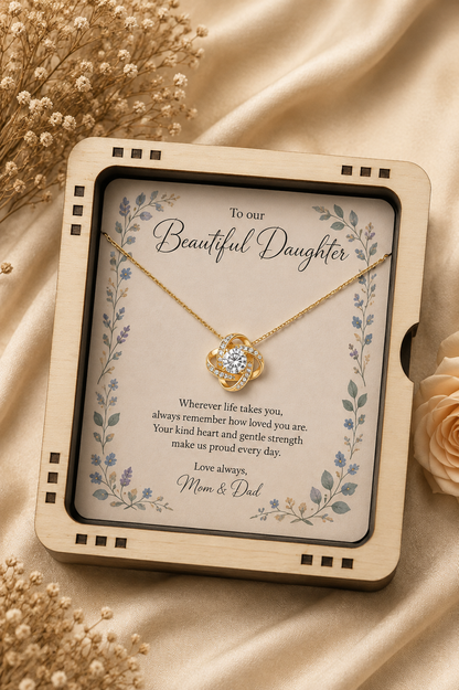 Intertwined knot pendant necklace with clear stone-style accents for daughter